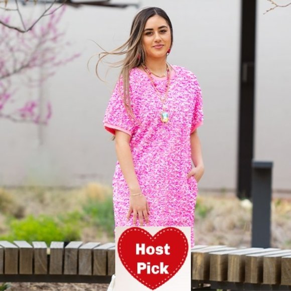 Pink Sequin Dress with Pockets Round Neck Short Sleeves Mini Dress - Picture 1 of 4